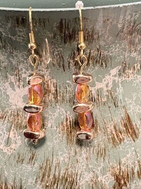 Gold-Tone Iridescent Pink-Orange Glass Bead Drop Earrings